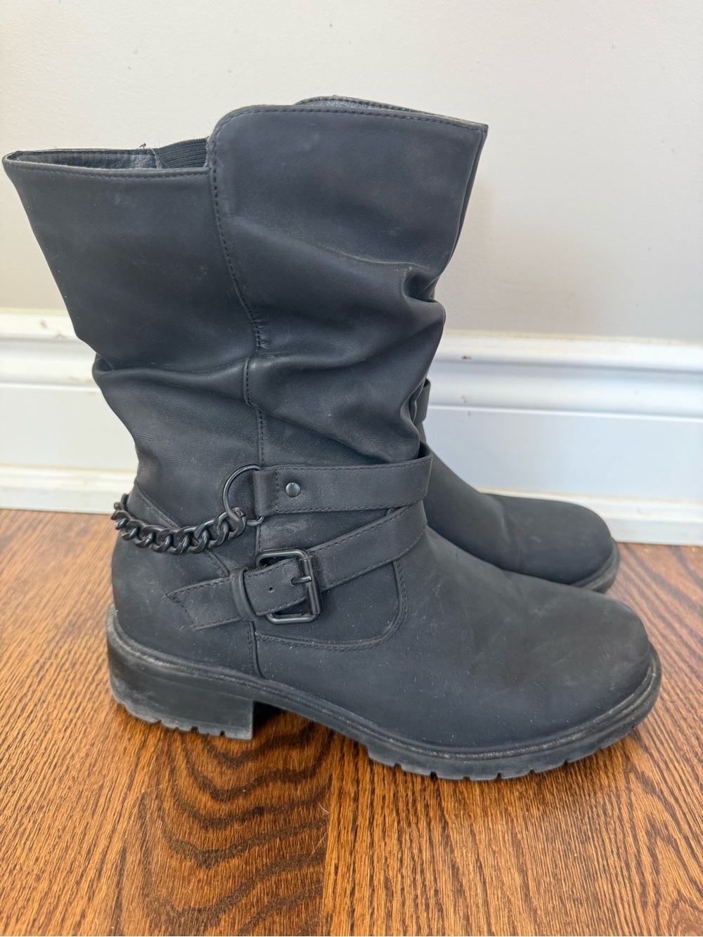 Mid-Calf Black Women's Moto Boots with Chain Accent - Plus Size